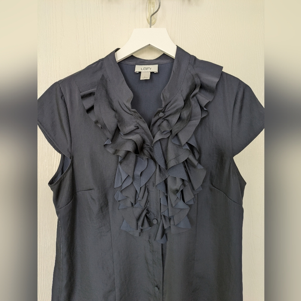 Loft Ruffle Navy Button Up Top Size L
